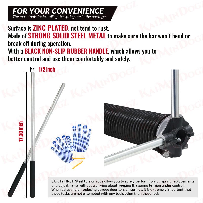 KaiMinDogz Pair of 2" Garage Door Torsion Springs Set with Non-Slip Winding Bar & Gloves,High Precision Electrophoresis Black Coated, for Replacement & Installation, MIN 16,000 Cycles (0.207x2''x22'') - Image 5