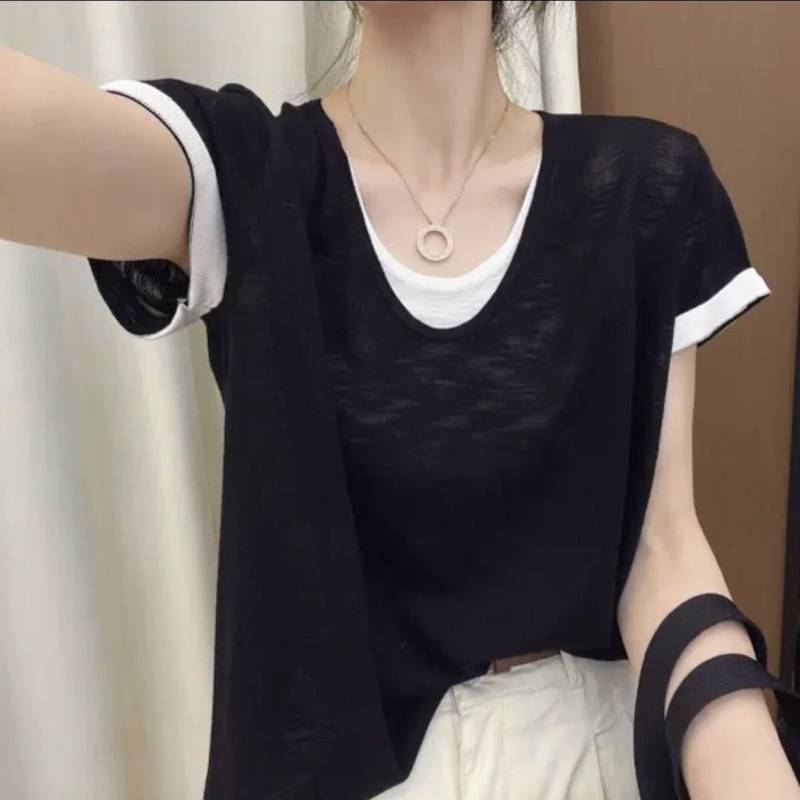 Korean Style Summer Thin Collar Short-Sleeved Stitching Top Fake Two-Piece Loose Slimming Contrast New Women'S T-Shirt - Image 3