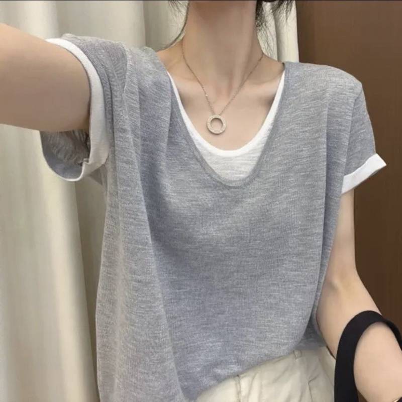Korean Style Summer Thin Collar Short-Sleeved Stitching Top Fake Two-Piece Loose Slimming Contrast New Women'S T-Shirt - Image 1