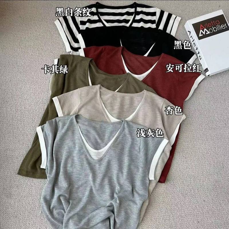 Korean Style Summer Thin Collar Short-Sleeved Stitching Top Fake Two-Piece Loose Slimming Contrast New Women'S T-Shirt - Image 5