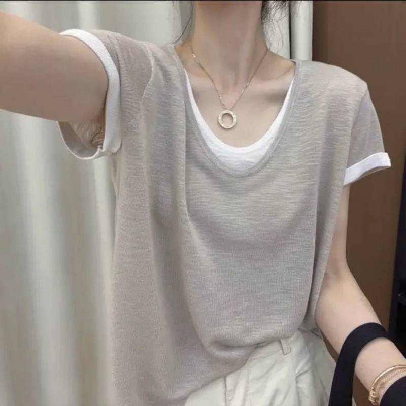 Korean Style Summer Thin Collar Short-Sleeved Stitching Top Fake Two-Piece Loose Slimming Contrast New Women'S T-Shirt - Image 2