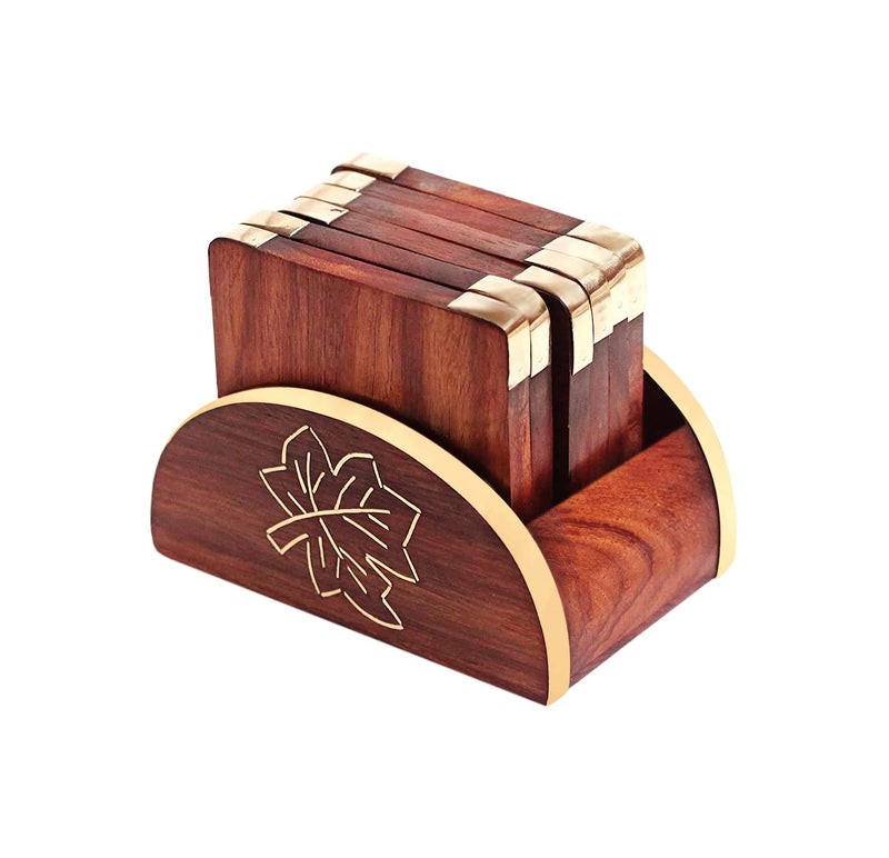 CRAFTCASTLE Wooden Drink Coasters,Wood Table Coaster Set of 6 for Coffee Mugs,Tea Cups, Beer cans, bar tumblers and Water Glasses (Leaf Coaster) - Image 1