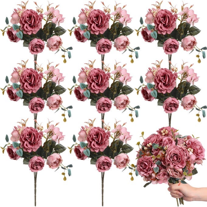 8 PACKS ARTIFICIAL PEONY FLOWERS FAUX SILK HYDRANGEA BOUQUET VINTAGE WEDDING HOME TABLE FOR DOOR DECOR REUSABLE BOUQUET OF ROSE FLOWERS FOR VALENTINE WEDDING BIRTHDAY PARTYDARK PINK