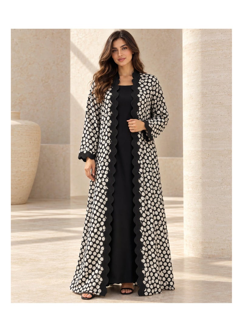 KAVALEE Women's Onde Polka Dot Open Abaya with Wavy Trim - Black & Ivory - Image 1