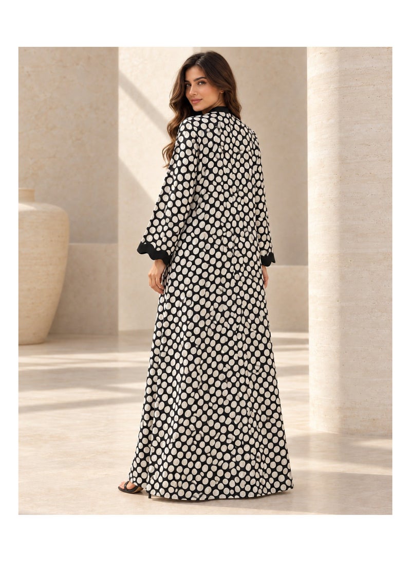 KAVALEE Women's Onde Polka Dot Open Abaya with Wavy Trim - Black & Ivory - Image 2