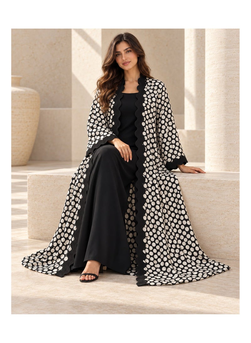 KAVALEE Women's Onde Polka Dot Open Abaya with Wavy Trim - Black & Ivory - Image 3