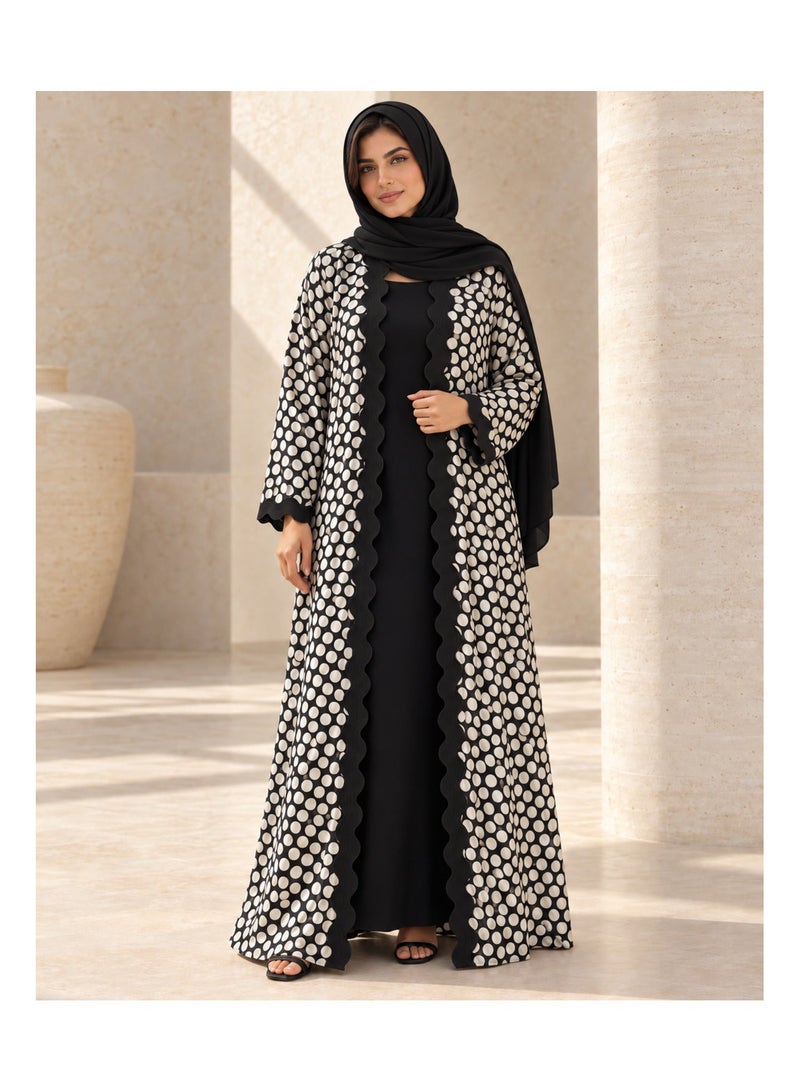 KAVALEE Women's Onde Polka Dot Open Abaya with Wavy Trim - Black & Ivory - Image 4
