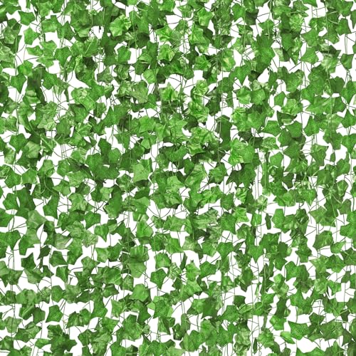 CQURE 48 Pcs 336Ft Artificial Ivy Fake Vines,Ivy Garland Greenery Garland Fake Hanging Plants Vines Green Leaves for Bedroom Wedding Garden Wall Room Decor - Image 1