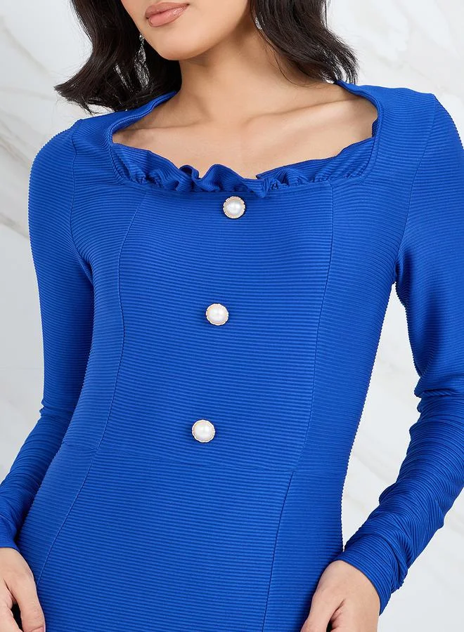 Styli Square Neck Button Detail Bodycon Midi Dress