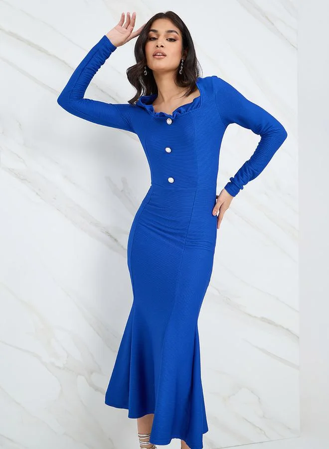 Styli Square Neck Button Detail Bodycon Midi Dress