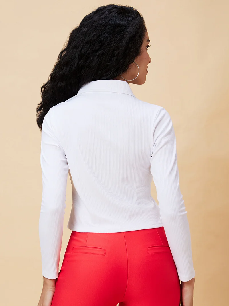 globus Women White Shirt Collar Crop Top