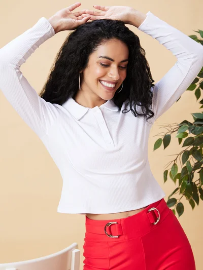 globus Women White Shirt Collar Crop Top