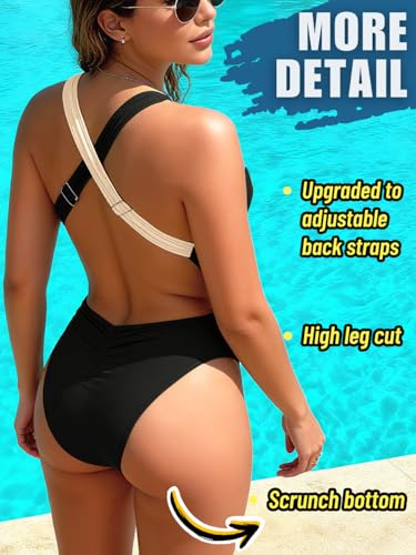 ShawGobow Sexy One Piece Swimsuit,Plunge Backless Color Block Swimsuits for Women,High Cut Scrunch Butt Monokini Beach Pool Black Small - Image 4