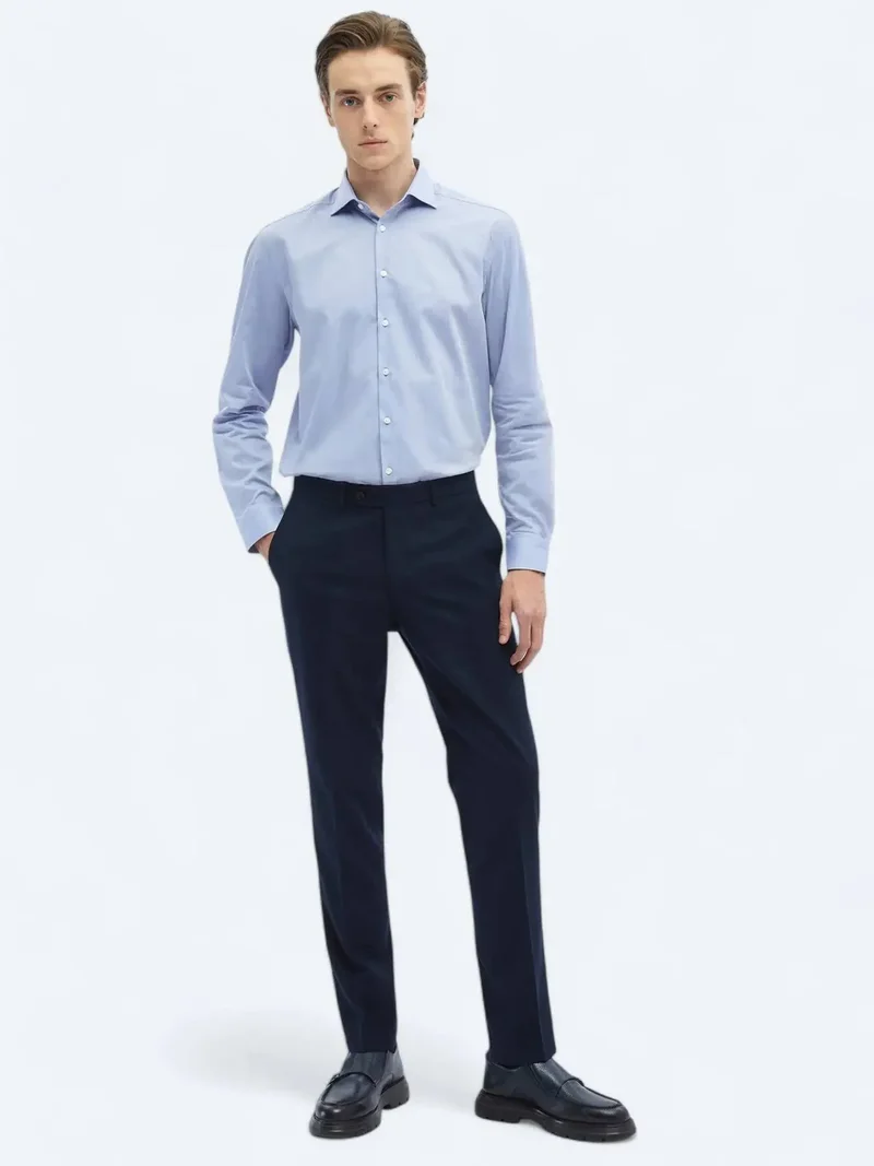 Kip Navy Blue Weaving Fitted Fit Classical Trousers