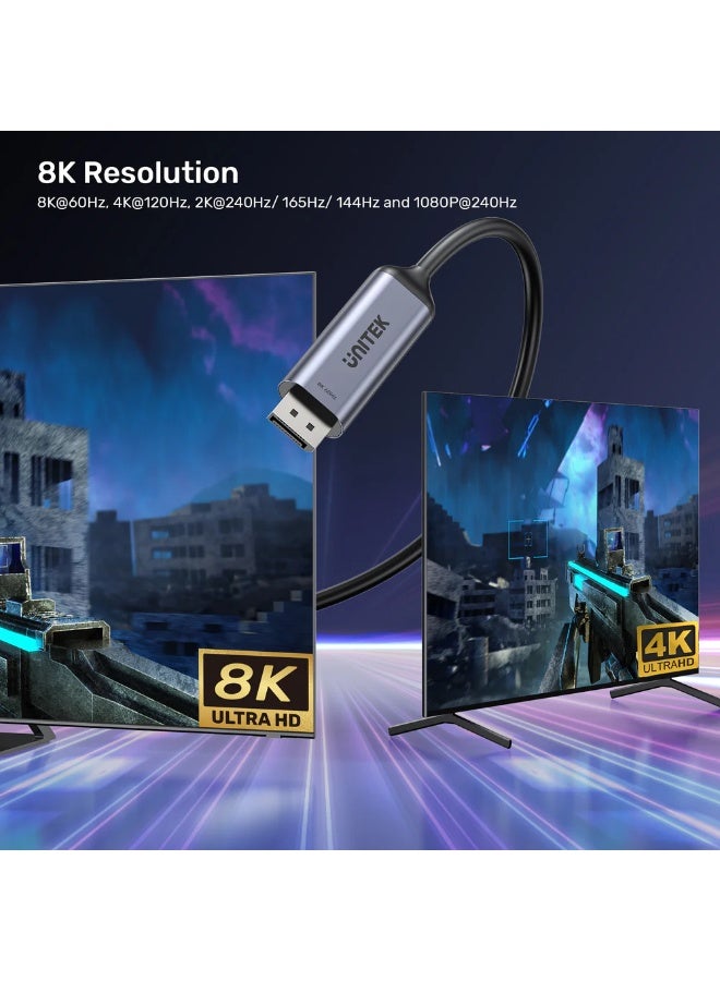 UNITEK كابل USB-C إلى DisplayPort ثنائي الاتجاه 8K – 8K@60Hz، HDR، HDCP 2.3، توصيل وتشغيل، موصل بدون قفل، مقاوم للتآكل، تصميم متين بطول 1.8 متر - Image 3