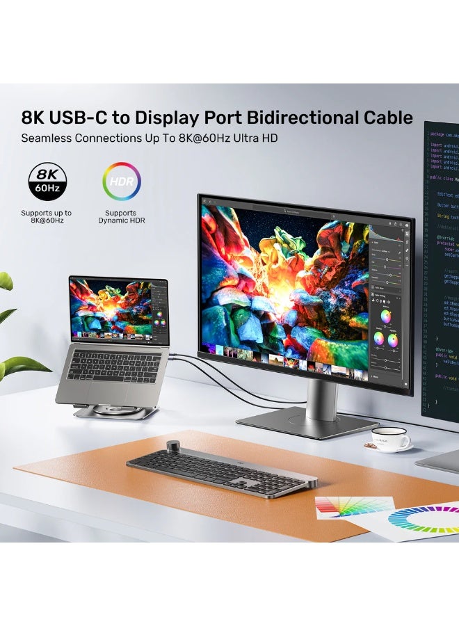 UNITEK كابل USB-C إلى DisplayPort ثنائي الاتجاه 8K – 8K@60Hz، HDR، HDCP 2.3، توصيل وتشغيل، موصل بدون قفل، مقاوم للتآكل، تصميم متين بطول 1.8 متر - Image 2