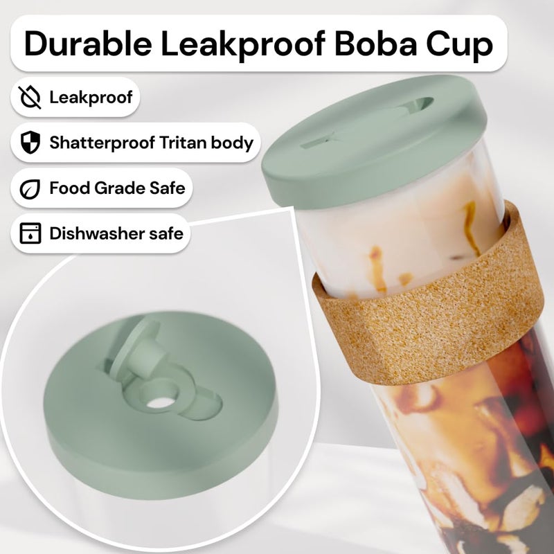 Dodoko Sage Green 24 oz Reusable Boba Cup and Straw Bubble Tea Cup with Wide Lid and Straw - Image 2