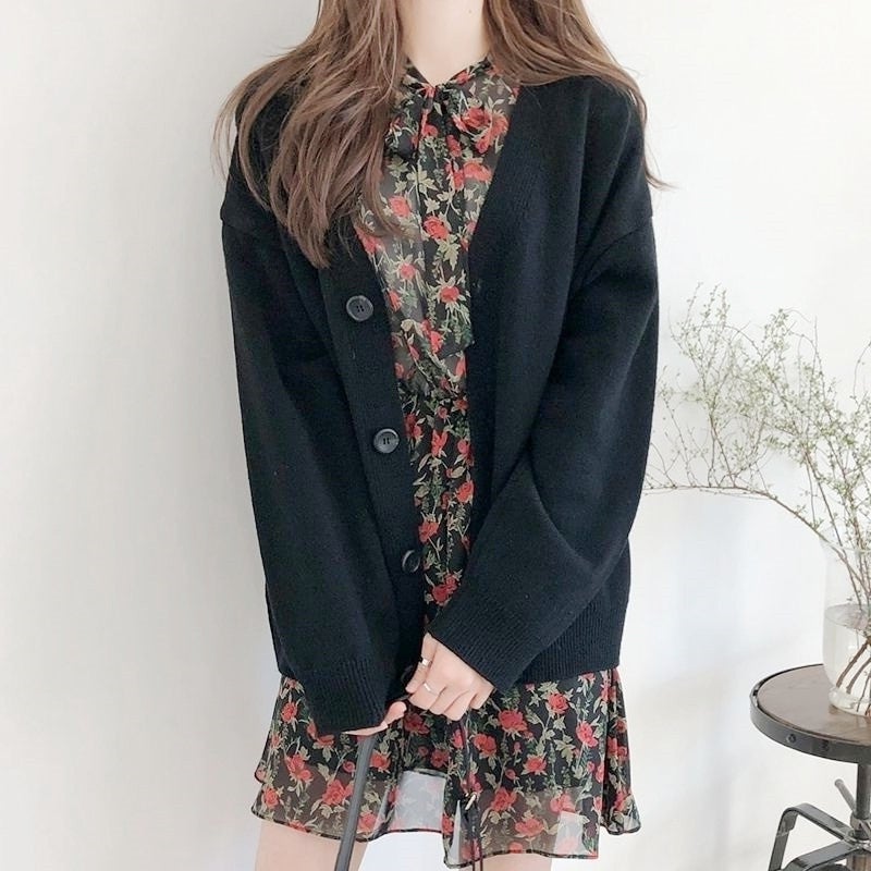 Popular Korean Style Light Mature Solid Color Knitted Sweater Cardigan Womens Fashion Slimming All-match V-neck Button Coat Womens Sweater Black  - Image 4
