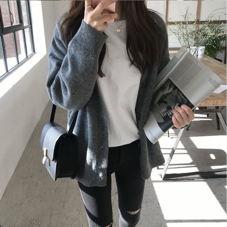 Popular Korean Style Light Mature Solid Color Knitted Sweater Cardigan Womens Fashion Slimming All-match V-neck Button Coat Womens Sweater Black  - Image 5