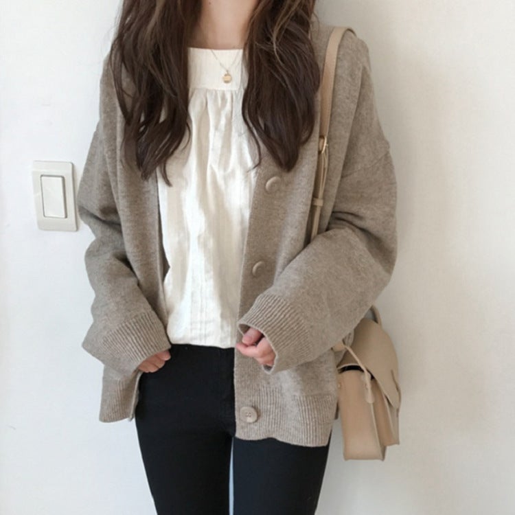Popular Korean Style Light Mature Solid Color Knitted Sweater Cardigan Womens Fashion Slimming All-match V-neck Button Coat Womens Sweater Black  - Image 3