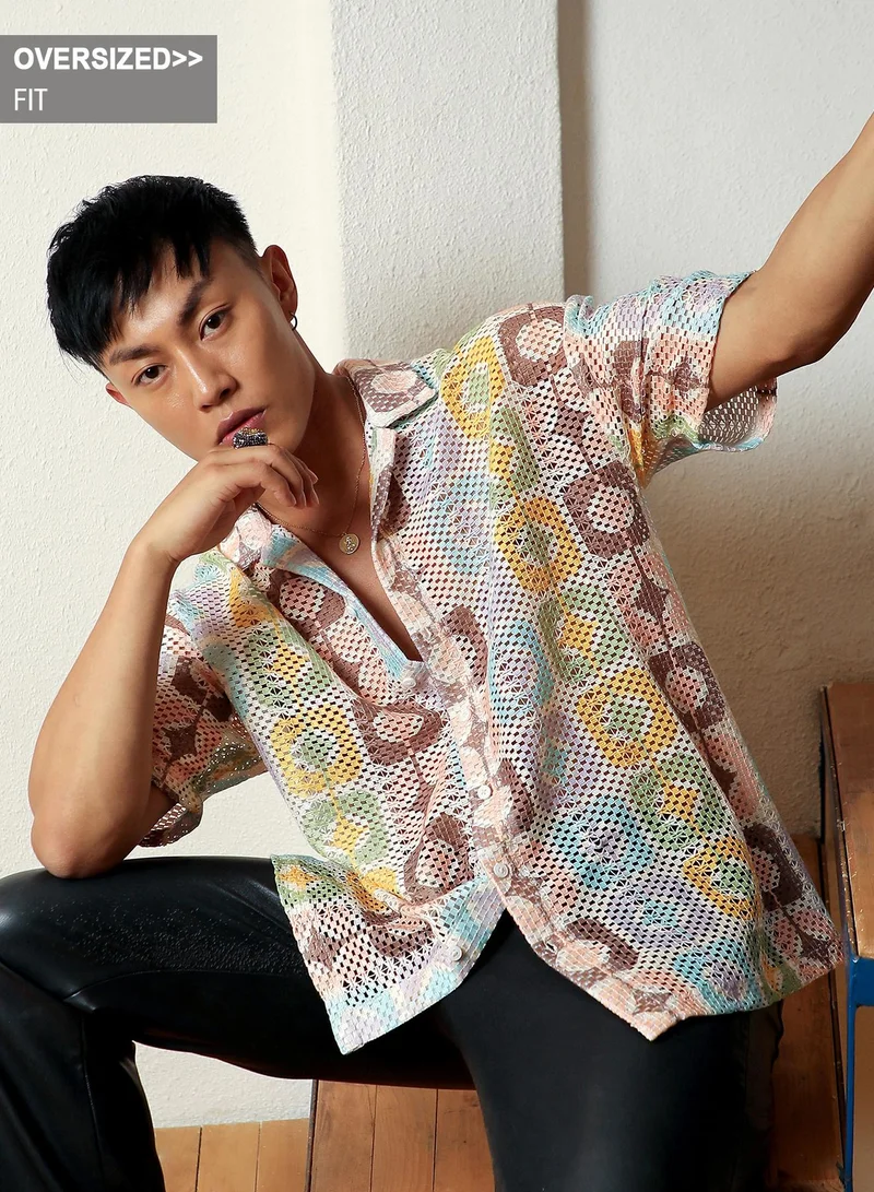 Campus Sutra Men's Lemon Yellow & Chocolate Brown Geometric Block Oversized Shirt