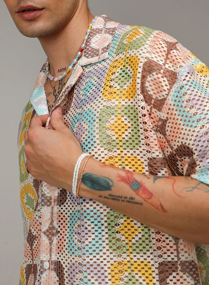 Campus Sutra Men's Lemon Yellow & Chocolate Brown Geometric Block Oversized Shirt