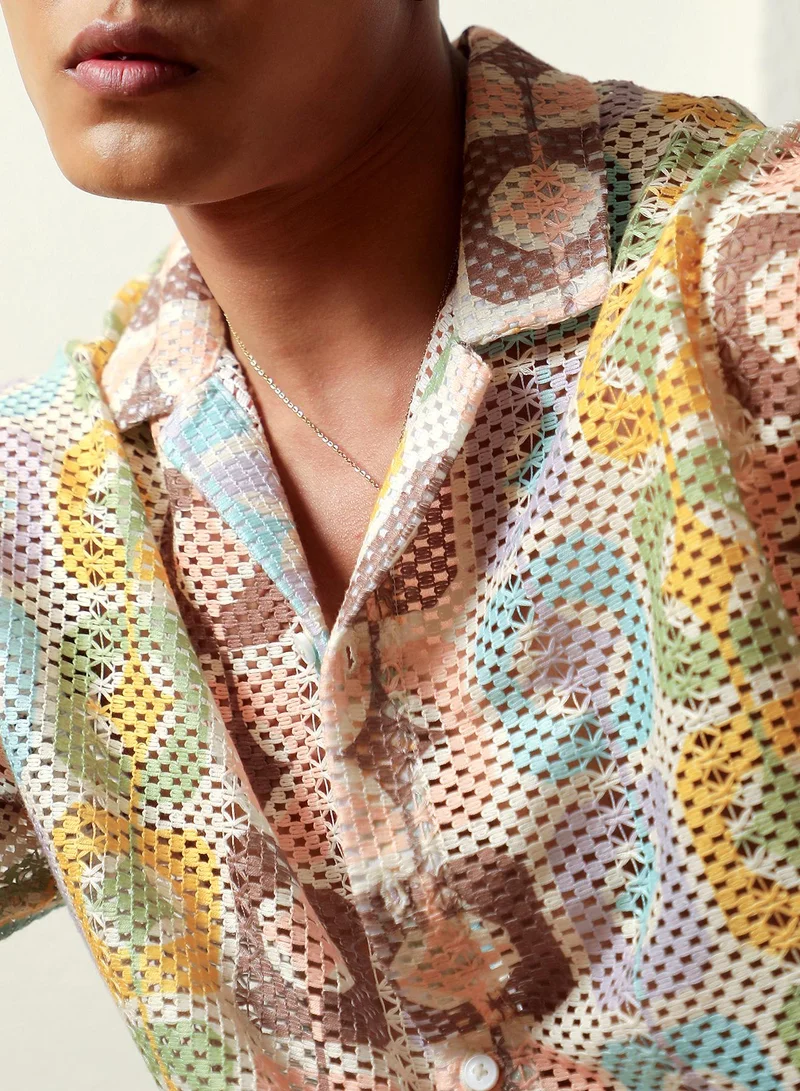 Campus Sutra Men's Lemon Yellow & Chocolate Brown Geometric Block Oversized Shirt