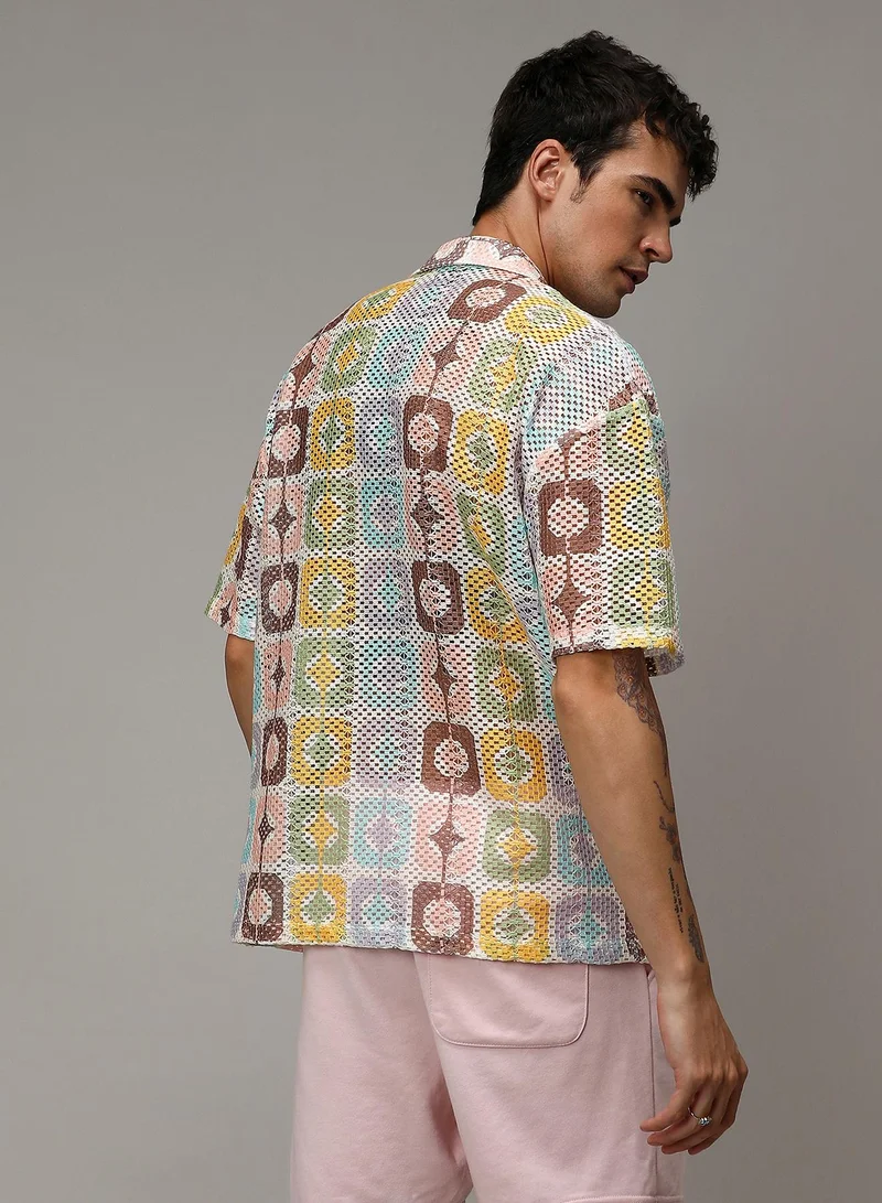 Campus Sutra Men's Lemon Yellow & Chocolate Brown Geometric Block Oversized Shirt
