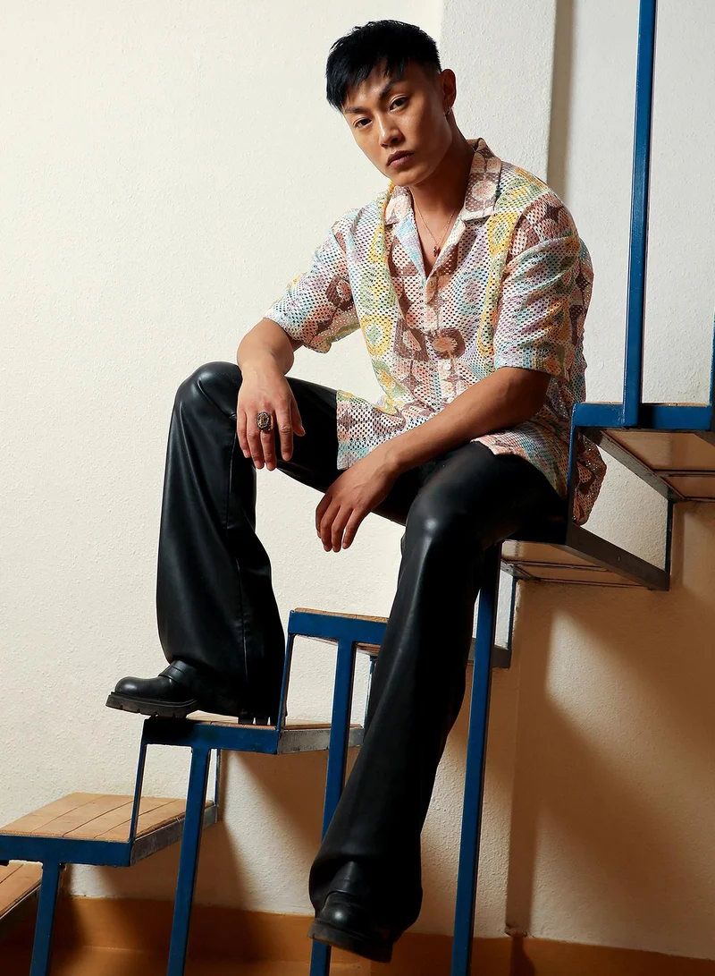 Campus Sutra Men's Lemon Yellow & Chocolate Brown Geometric Block Oversized Shirt