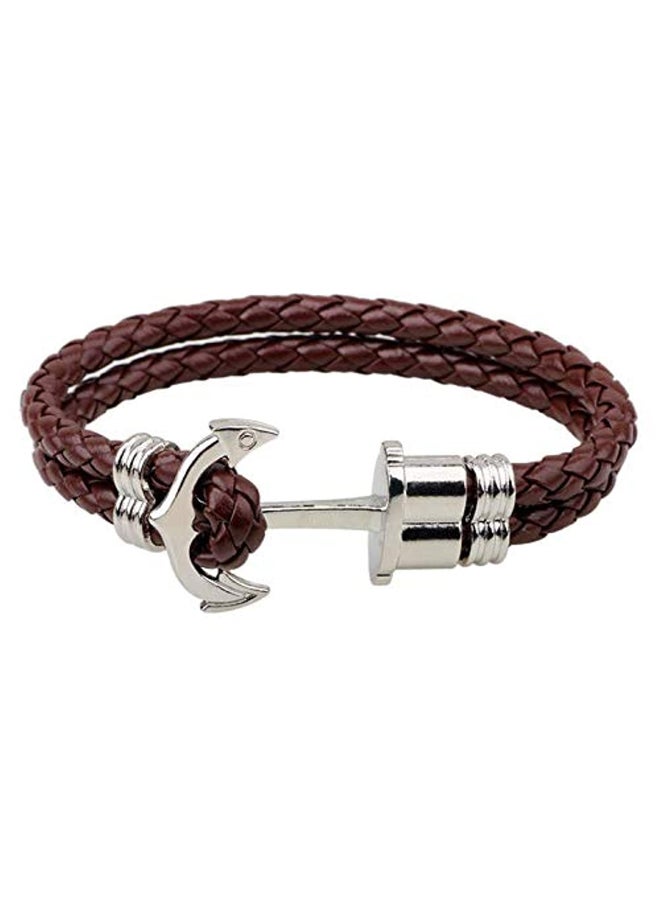 Boat Anchor Design Braided Brown Leather Bracelet - Image 1