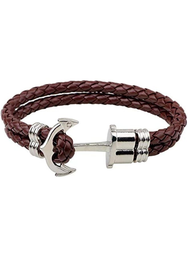Boat Anchor Design Braided Brown Leather Bracelet - Image 2