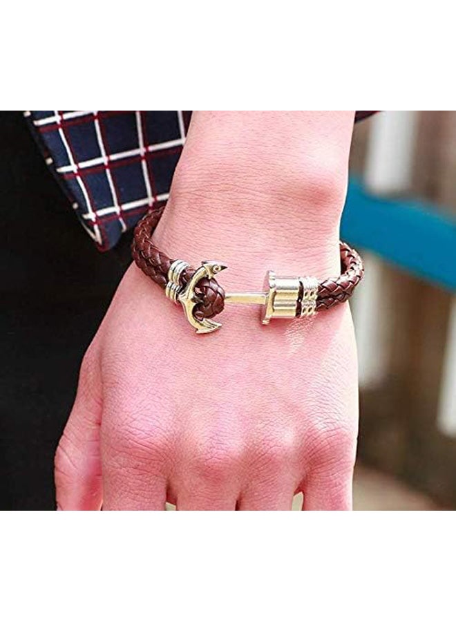 Boat Anchor Design Braided Brown Leather Bracelet - Image 4