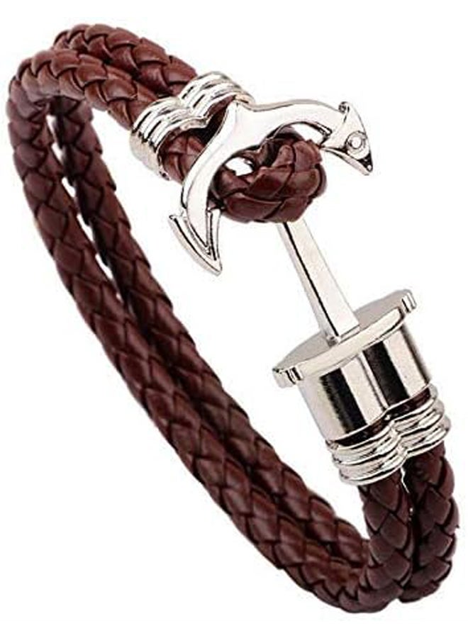Boat Anchor Design Braided Brown Leather Bracelet - Image 3