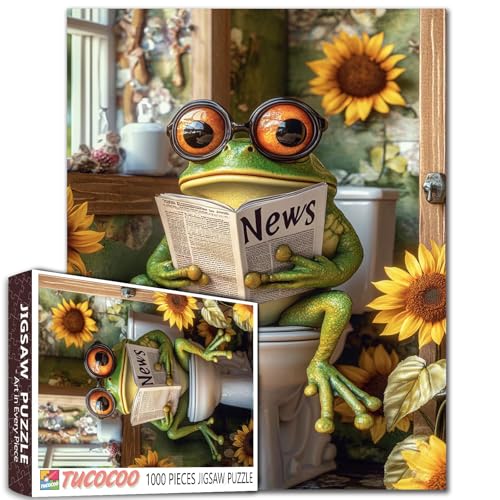 Tucocoo Funny Frog on Toilet 1000 Piece Puzzle for Adults Big Eyed Frog Reading Newspaper Jigsaw Bathroom Decor with Sunflowers Whimsical Animal Puzzles for Men Women Family Challenging Unique Puzzle Gift - Image 1