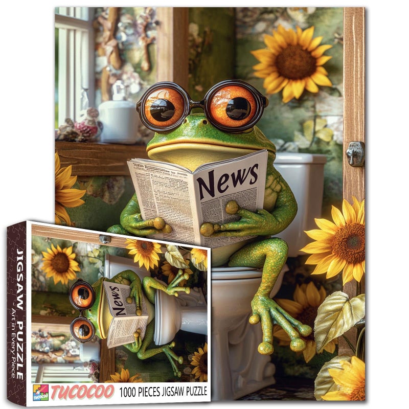 Tucocoo Funny Frog on Toilet 1000 Piece Puzzle for Adults Big Eyed Frog Reading Newspaper Jigsaw Bathroom Decor with Sunflowers Whimsical Animal Puzzles for Men Women Family Challenging Unique Puzzle Gift - Image 3