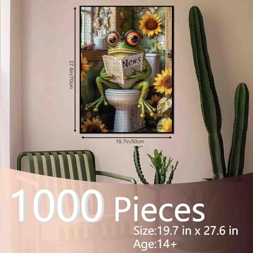 Tucocoo Funny Frog on Toilet 1000 Piece Puzzle for Adults Big Eyed Frog Reading Newspaper Jigsaw Bathroom Decor with Sunflowers Whimsical Animal Puzzles for Men Women Family Challenging Unique Puzzle Gift - Image 5