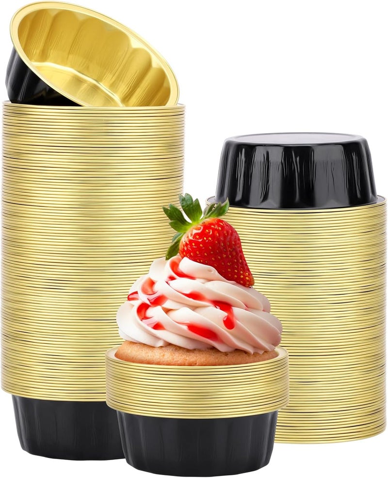 Beasea Disposable Aluminum Ramekins, 8oz 200 Pack Ramekins Foil Cups Baking 3.9" Ramekin Cup Cupcake Aluminum Mini Baking Cups for Party - Black Gold - Image 1