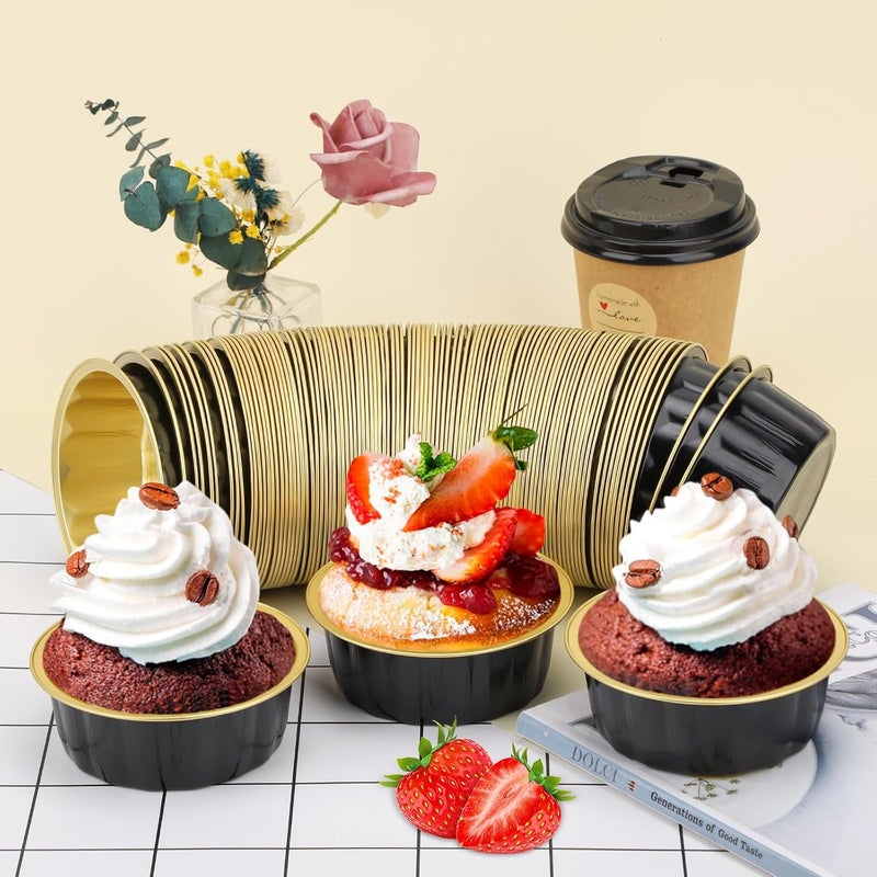 Beasea Disposable Aluminum Ramekins, 8oz 200 Pack Ramekins Foil Cups Baking 3.9" Ramekin Cup Cupcake Aluminum Mini Baking Cups for Party - Black Gold - Image 5