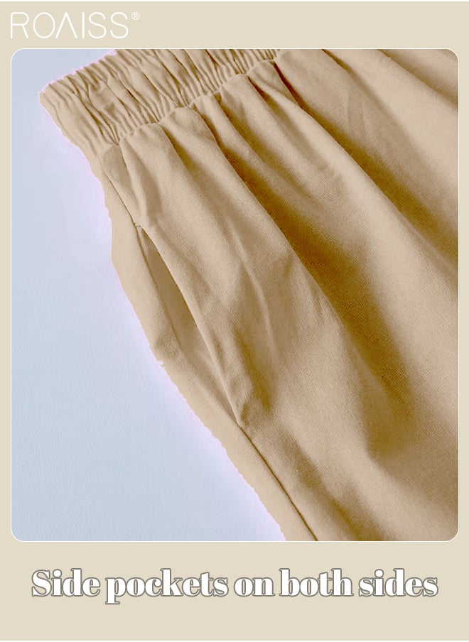 roaiss - Ladies 2 Piece Set New Trend Fashion Classic Solid Color Cotton Linen Shirt Suit Summer Spring Plus Size Clothes for Women Breathable and Cool Long-Sleeve Lapel Shirt Loose Pants - Image 1