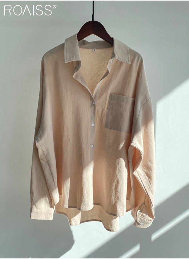 roaiss - Ladies 2 Piece Set New Trend Fashion Classic Solid Color Cotton Linen Shirt Suit Summer Spring Plus Size Clothes for Women Breathable and Cool Long-Sleeve Lapel Shirt Loose Pants - Image 1