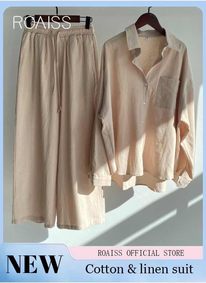 roaiss - Ladies 2 Piece Set New Trend Fashion Classic Solid Color Cotton Linen Shirt Suit Summer Spring Plus Size Clothes for Women Breathable and Cool Long-Sleeve Lapel Shirt Loose Pants - Image 1