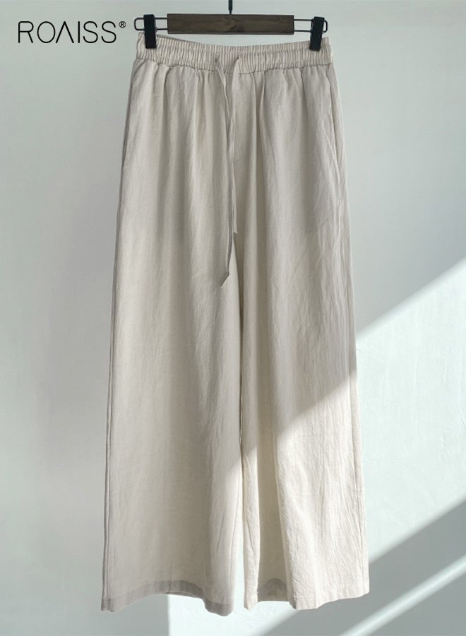 roaiss Ladies 2 Piece Set New Trend Fashion Classic Solid Color Cotton Linen Shirt Suit Summer Spring Plus Size Clothes for Women Breathable and Cool Long-Sleeve Lapel Shirt Loose Pants - Image 3