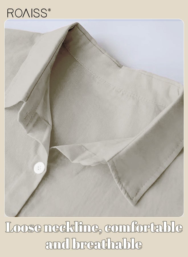 roaiss Ladies 2 Piece Set New Trend Fashion Classic Solid Color Cotton Linen Shirt Suit Summer Spring Plus Size Clothes for Women Breathable and Cool Long-Sleeve Lapel Shirt Loose Pants - Image 4