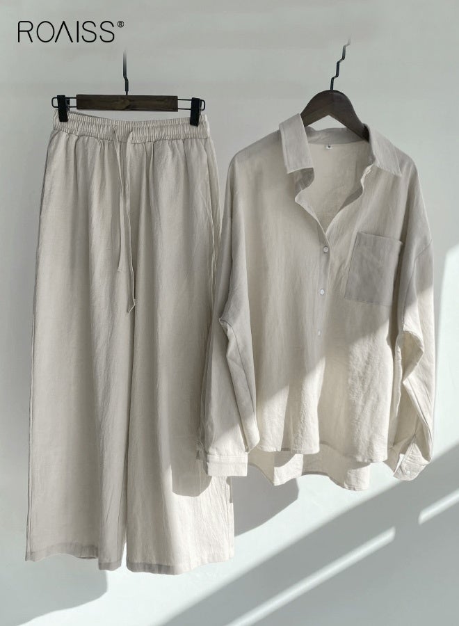 roaiss Ladies 2 Piece Set New Trend Fashion Classic Solid Color Cotton Linen Shirt Suit Summer Spring Plus Size Clothes for Women Breathable and Cool Long-Sleeve Lapel Shirt Loose Pants - Image 1