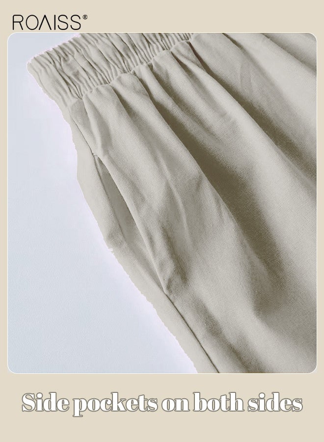 roaiss Ladies 2 Piece Set New Trend Fashion Classic Solid Color Cotton Linen Shirt Suit Summer Spring Plus Size Clothes for Women Breathable and Cool Long-Sleeve Lapel Shirt Loose Pants - Image 5