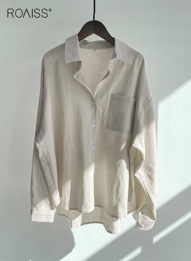 roaiss Ladies 2 Piece Set New Trend Fashion Classic Solid Color Cotton Linen Shirt Suit Summer Spring Plus Size Clothes for Women Breathable and Cool Long-Sleeve Lapel Shirt Loose Pants - Image 2