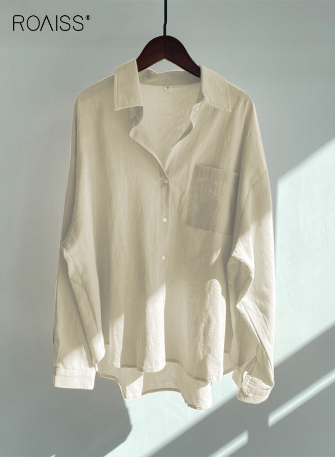 roaiss Ladies 2 Piece Set New Trend Fashion Classic Solid Color Cotton Linen Shirt Suit Summer Spring Plus Size Clothes for Women Breathable and Cool Long-Sleeve Lapel Shirt Loose Pants - Image 2