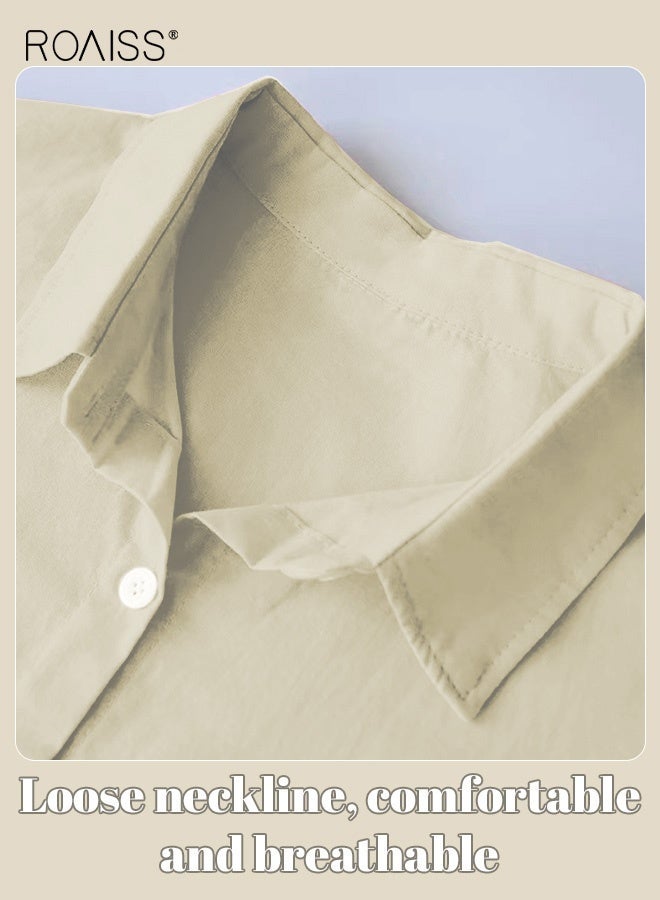 roaiss Ladies 2 Piece Set New Trend Fashion Classic Solid Color Cotton Linen Shirt Suit Summer Spring Plus Size Clothes for Women Breathable and Cool Long-Sleeve Lapel Shirt Loose Pants - Image 4