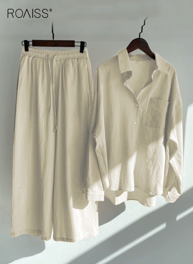 roaiss Ladies 2 Piece Set New Trend Fashion Classic Solid Color Cotton Linen Shirt Suit Summer Spring Plus Size Clothes for Women Breathable and Cool Long-Sleeve Lapel Shirt Loose Pants - Image 1