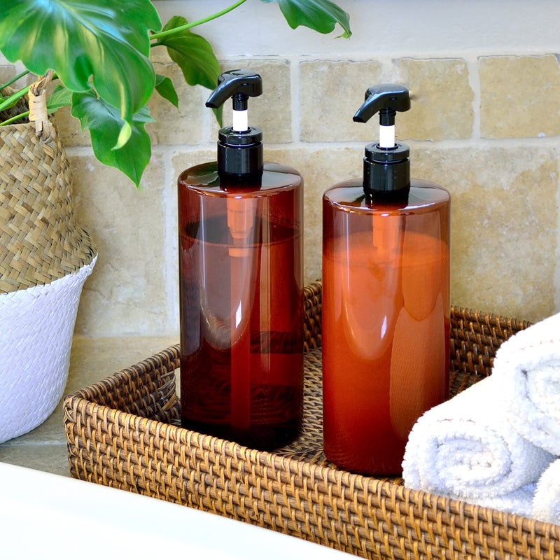 Youngever 4 Pack Pump Bottles For Shampoo 32 Ounce (1 Liter)  Amber Shampoo Pump Bottles  Plastic Cylinder With Lockdown Leak Proof Pumps - Image 3